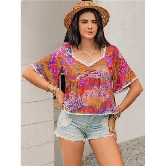 Ruched Printed Half Sleeve Blouse - Picture 6 of 7